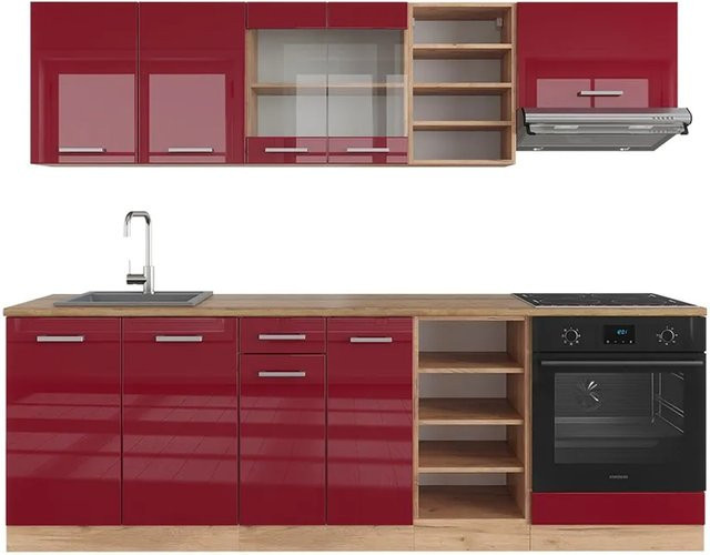Vicco R-Line Küchenzeile Bordeaux Hochglanz und Goldkraft Eiche, Breite: 240 cm - Bild 1