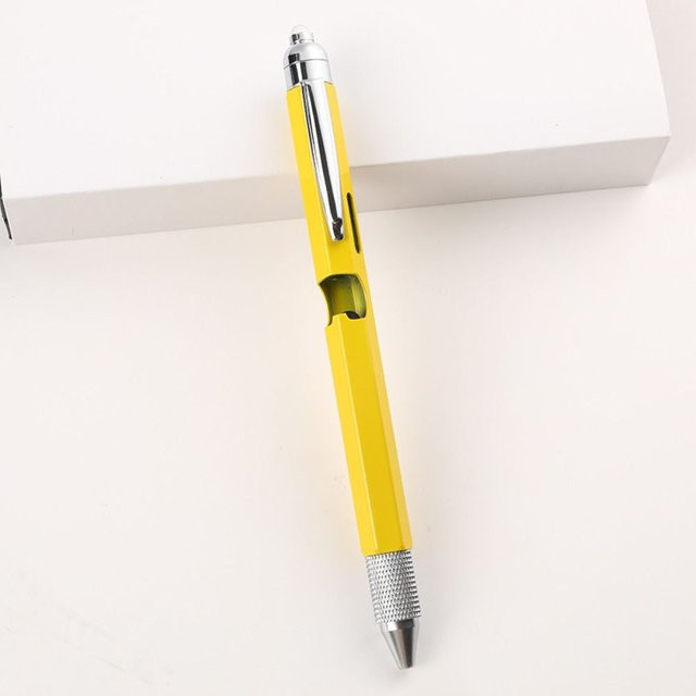 9-in-1 Metall-Multitool-Stift in Gelb mit LED-Licht, Wasserwaage, Schraubendreher, Lineal, Kugelschreiber und kapazitivem Stift als Outdoor-Werkzeugstift - Bild 1