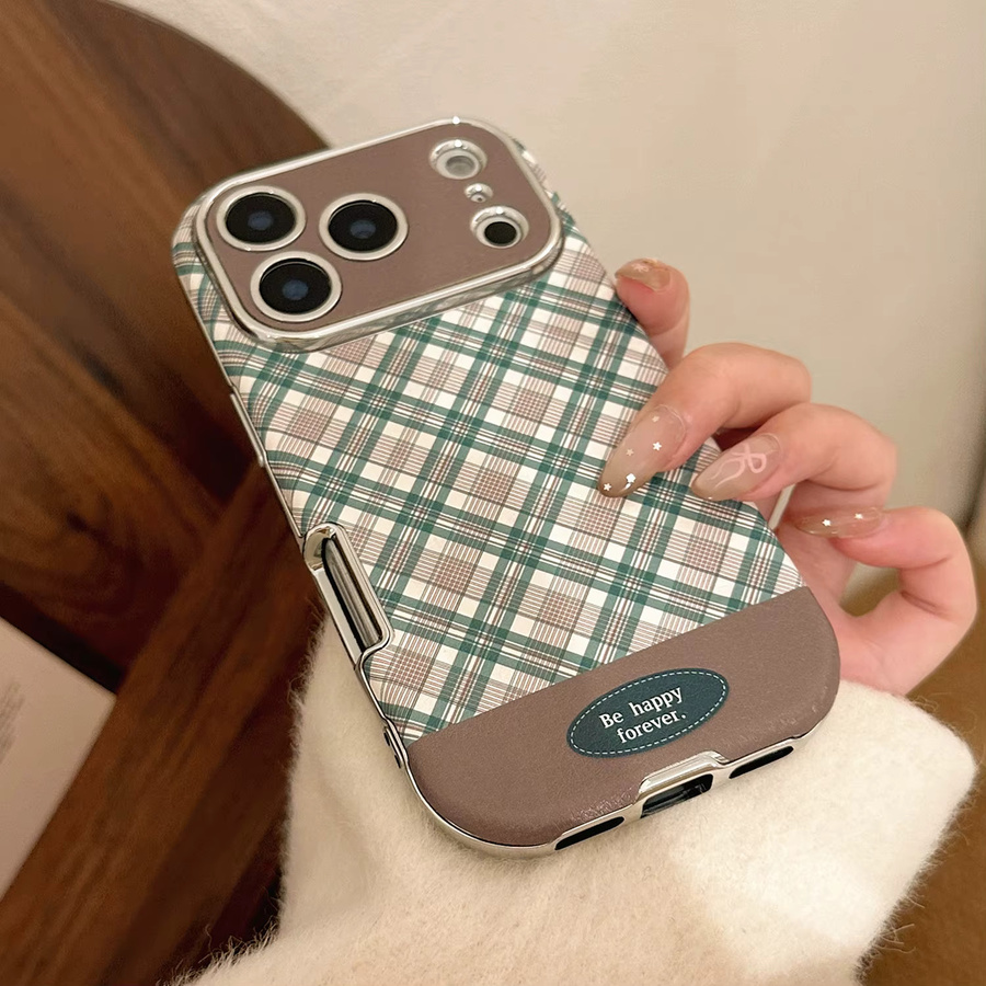 Handyhülle aus Kunstleder mit grünem Gittermuster und süßem Katzenmotiv für iPhone 17 16 15 14 13 12 Pro Max Plus inklusive Halterung - Bild 3