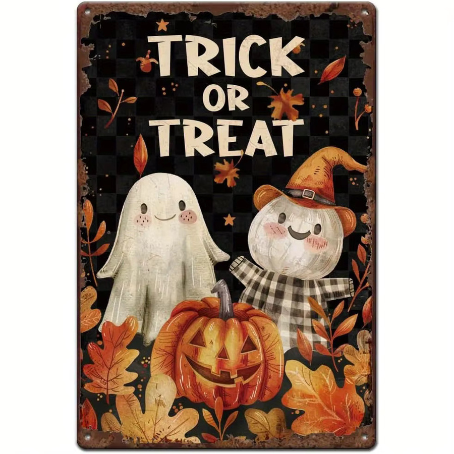 SUPERDANT Halloween Metallblechschild Süßes oder Saures Dekoration mit Geistern, Kürbissen und Herbstblättern in Mehrfarbig und Weiß, Retro-Stil, B/H: 20 x 20 cm - Bild 2