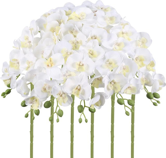 6 Stück künstliche Orchideen von BloomEver in Weiß und Grün aus Textil für deine Dekoration bei Hochzeiten, Partys oder im Garten - Bild 1