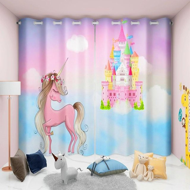 Yiran Furniture Einhorn Vorhänge für Kinder in Rosa und Multicolour, 2er-Set semi-transparent mit Ösenaufhängung, B/H: 70 x 245 cm - Bild 1