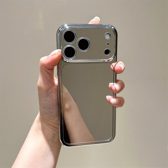 Stoßfeste Apple iPhone Handyhülle mit Make-up-Spiegel aus galvanisiertem Acryl in Silber - Bild 1