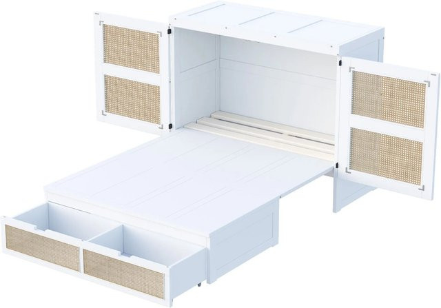 KOMHTOM Schrankbett mit Rattan-Design und Stauraumschubladen in Weiß, Wandklappbett mit Lattenrost für Jugendliche, B/T/H: 140 x 200 cm - Bild 1