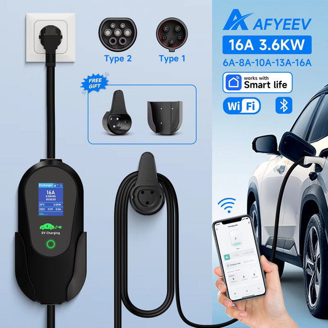 AFYEEV Tragbares EV-Ladegerät Typ 2 IEC62196-2 mit 3600 W, Typ 1 SAE J1772 Elektroauto-Ladegerät mit WiFi und Bluetooth APP-Steuerung - Bild 1