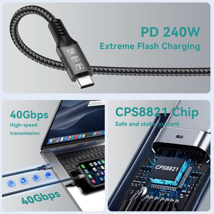 FDBOY USB4 Kabel für Thunderbolt 4 mit 40 Gbit/s, 240 W Schnellladung und 8K@60 Hz Displayunterstützung, Schwarz - Bild 4