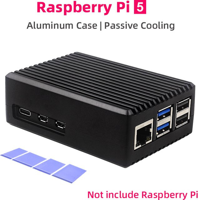 Raspberry Pi 5 Aluminiumgehäuse in Schwarz, passives Kühlgehäuse mit Silikon-Kühlkörper und Schalterknopf für geräuschlose Wärmeableitung - Bild 1