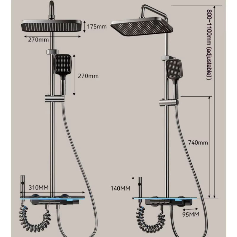 Badezimmer-Duschset mit LED-Temperaturanzeige und Regenduschsystem in Grau - Bild 2