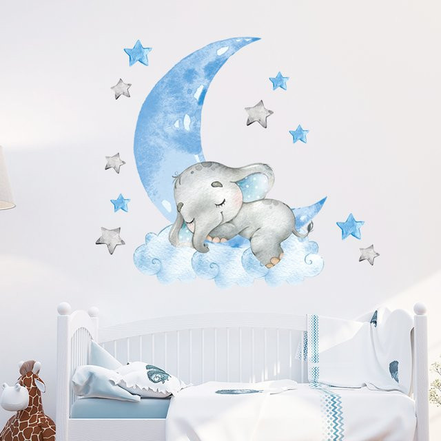 BRUP Wandtattoo Elefant auf schlafendem Mond in Blau für das Kinderzimmer - Bild 1