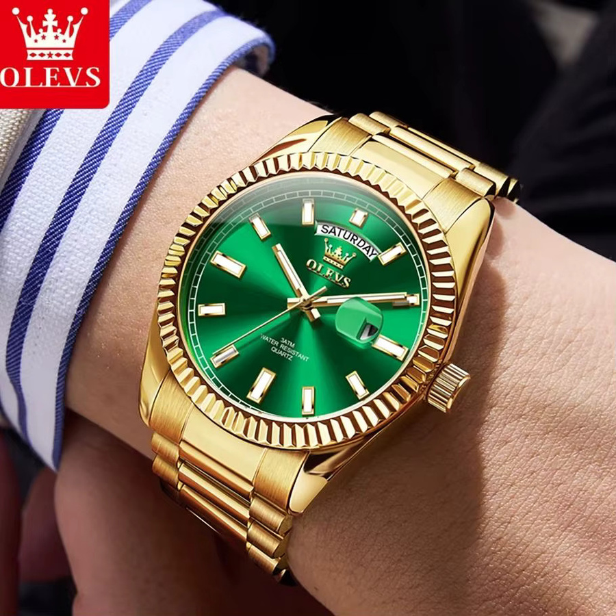 OLEVS Armbanduhr Quarz, Edelstahl, Gold, Grün, Herren - Bild 4