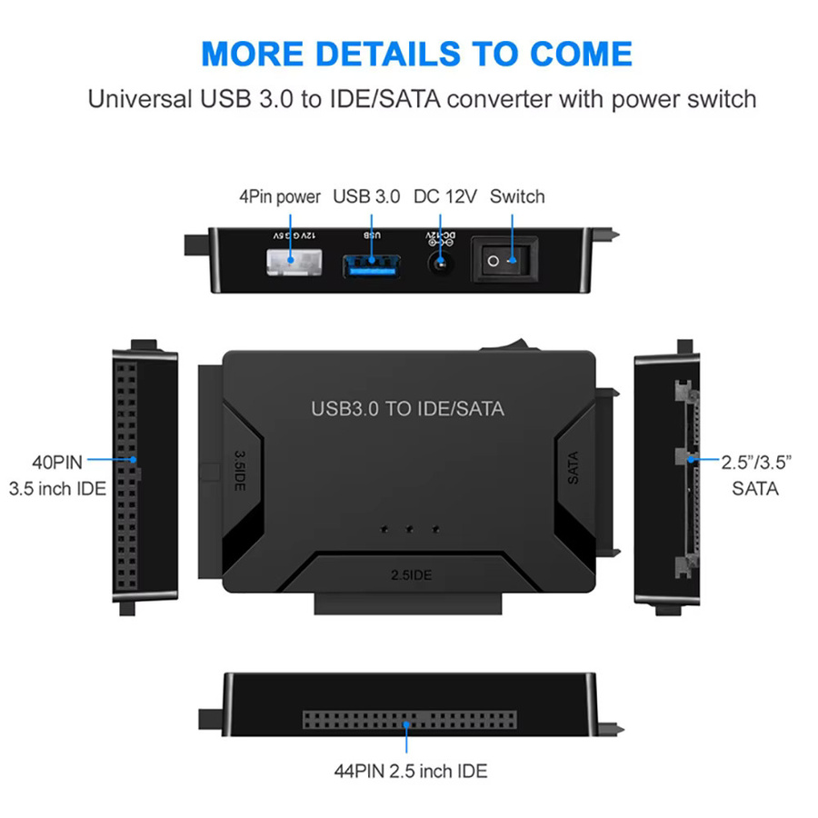 OULLX USB 3.0 zu SATA IDE ATA Adapter für 2,5 Zoll und 3,5 Zoll HDD Festplatten und SSD, externer Datenübertragungskonverter in Schwarz - Bild 4