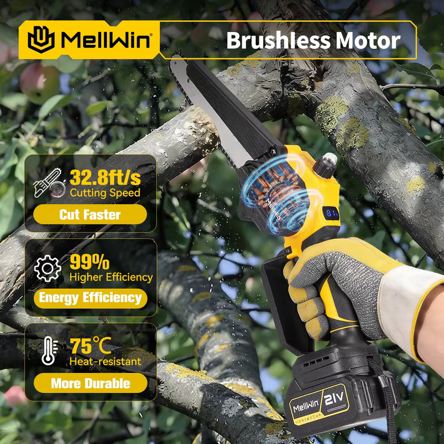 MELLWIN Bürstenlose 8-Zoll-Elektrokettensäge mit automatischer Ölschmierung als Mini-Astschere und Holzbearbeitungswerkzeug für Makita 18V Akku in Gelb - Bild 3