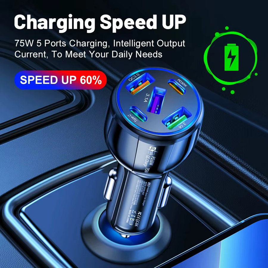 75 W USB Typ C Auto Ladegerät mit 5 Ports, PD Quick Charge 3.0 Schnellladegerät für iPhone, Samsung, Xiaomi und Huawei, Schwarz - Bild 3
