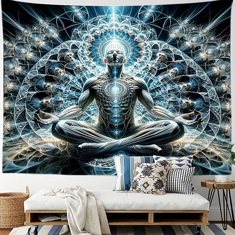 VIKAMA Cosmic Meditation Geometrischer Wandteppich mit Sanskrit Symbol in Blau für Yoga und Meditationsräume - Bild 3