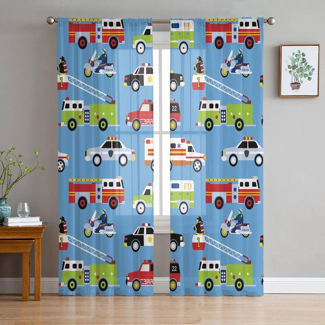 Transparenter Tüllvorhang mit Cartoon-Fahrzeugen für Wohnzimmer, Küche oder Schlafzimmer, Blau, Breite: 100 cm, Höhe: 250 cm - Bild 1