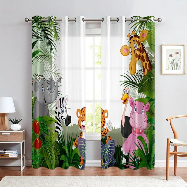 Yiran Furniture Cartoon Tier Vorhänge für Kinderzimmer mit Tiger, Elefant und Giraffe, 2er Set, Mehrfarbig, B: 75 cm, H: 166 cm - Bild 1