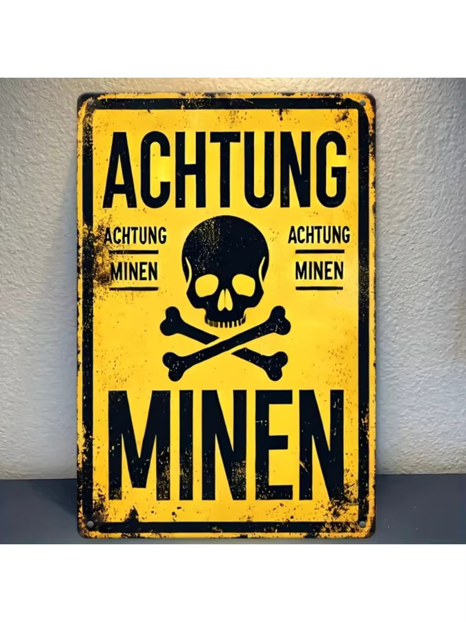Zendure Metall-Blechschild Achtung Minen Vintage Wanddekoration mit Schädel und gekreuzten Knochen, B: 20,0 cm, H: 14,0 cm, T: 0,1 cm - Bild 2