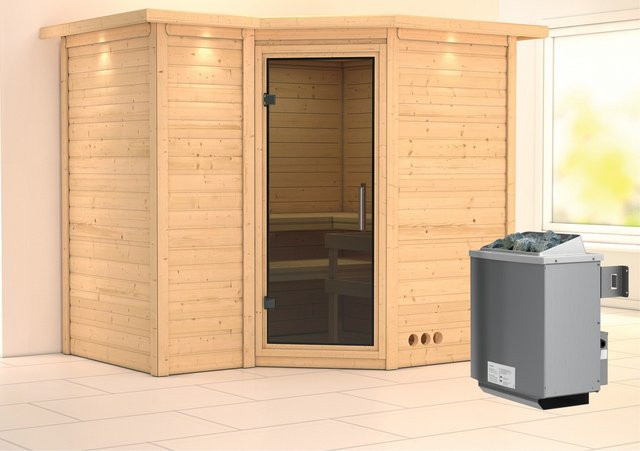 Karibu Massivholzsauna Steena 2 in Grau-Braun mit 9,0 kW Ofen, integrierter Steuerung, LED-Dachkranz und Ganzglastür, B/T/H: 236 x 184 x 212 cm - Bild 1