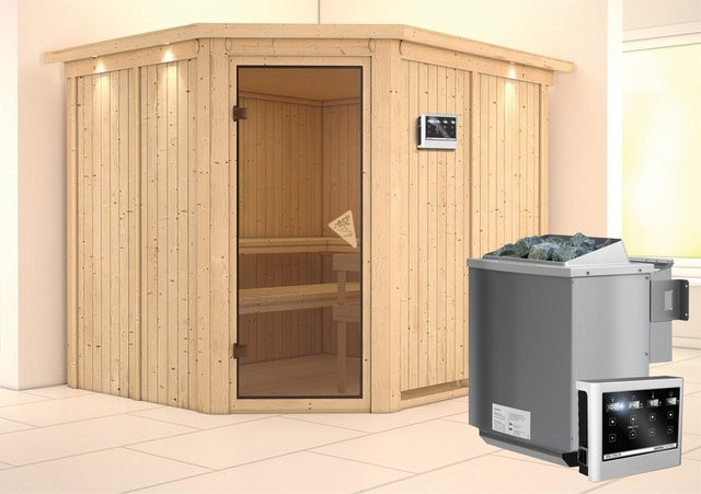 Karibu Sauna MALIN mit Bio-Kombiofen und LED-Dachkranz, Farbe Natur, Ganzglastür Bronze, B/T/H: 231 x 196 x 245 cm - Bild 2
