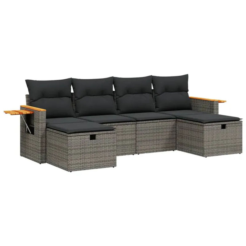 vidaXL 6-teilige Garten-Sofagarnitur in L-Form mit Polsterkissen und Ottoman, Grau, Poly Rattan und Metallrahmen - Bild 3