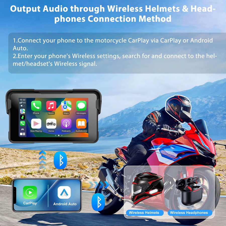 ESSGOO 5 Zoll tragbares Motorrad-Display mit kabellosem CarPlay und Android Auto, IP67 wasserdicht, GPS-Navigation und Bluetooth, Farbe: Schwarz - Bild 4