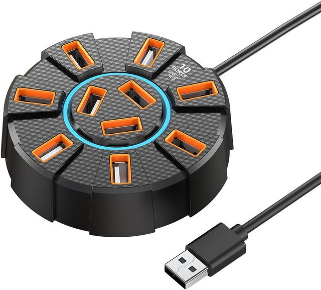 OULLX USB 2.0 Hub mit 10 Ports und RGB Hintergrundbeleuchtung, 1,2 m Kabellänge, USB-A Splitter für Maus, Tastatur und Drucker - Bild 1