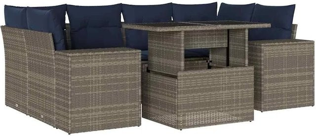 vidaXL 7-teilige Garten-Sofagarnitur in L-Form aus grauem Poly-Rattan mit UV-beständigen Kissen und pulverbeschichtetem Stahlgestell - Bild 1