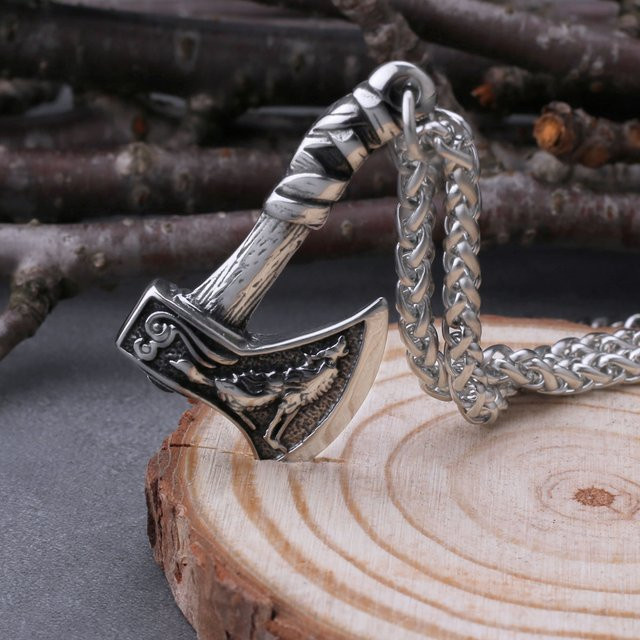 Halskette mit Anhänger Wikinger Wolf Krähe Axt, Edelstahl, Silber, Herren - Bild 1