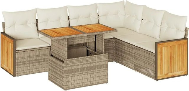 vidaXL 7-tlg. Garten-Sofagarnitur in L-Form aus Polyrattan und Akazie mit Kissen in Beige - Bild 1