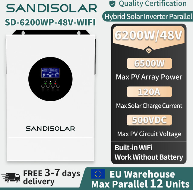 SANDISOLAR Solar-Hybrid-Wechselrichter 6200W 48V mit MPPT 6500W PV, Reine Sinuswelle 230V, 120A, integriertes WLAN und Parallelbetrieb möglich, Farbe: Weiß - Bild 1