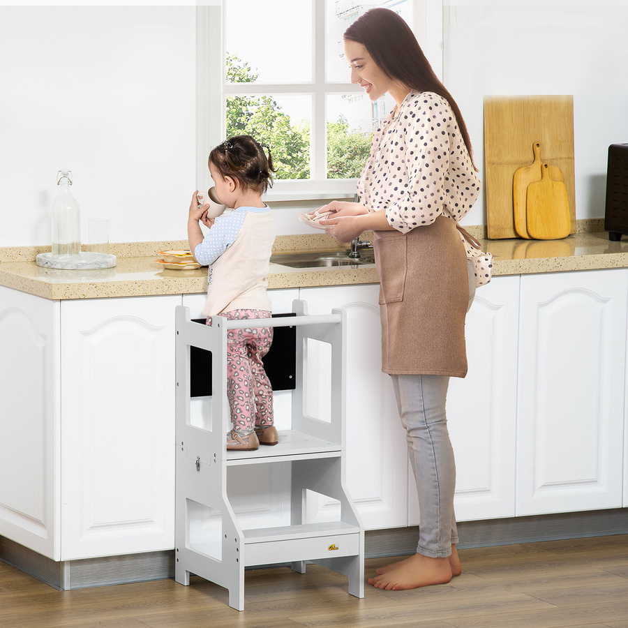 HOMCOM 3-in-1 Lernturm für Kinder mit Kreidetafel und Sicherheitsstange, Grau - Bild 2
