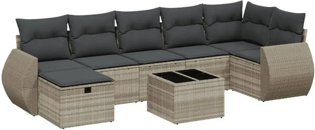 vidaXL 8-tlg Garten-Sofagarnitur in L-Form aus Poly Rattan mit Kissen und Glastisch in Grau - Bild 1