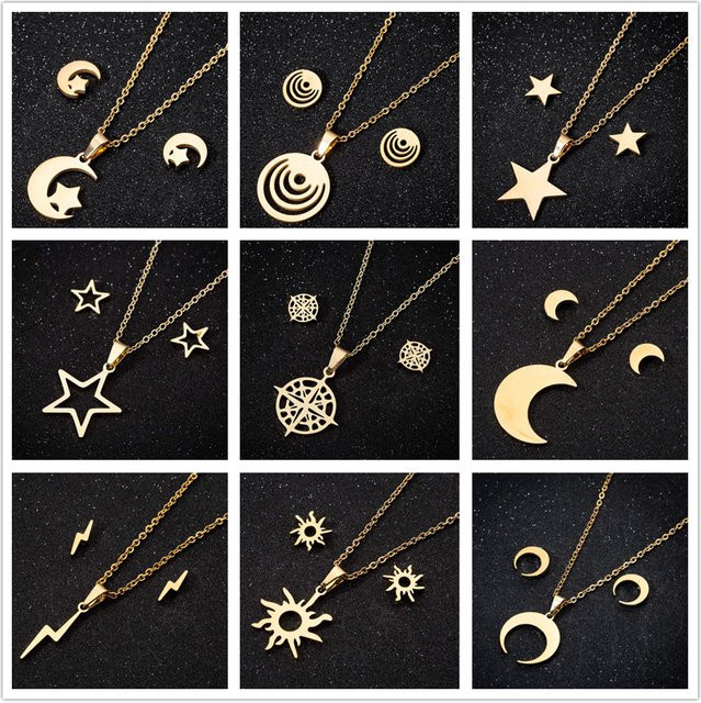 Schmuckset Edelstahl, Gold, Mond und Stern, Ohrringe und Halskette, Damen - Bild 1