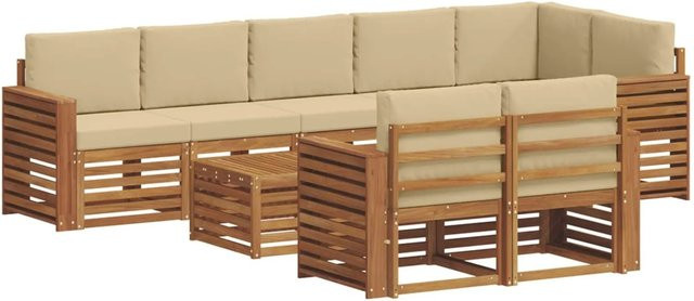 vidaXL Sofagarnitur aus Massivholz Akazie in Natur und Beige, 9-teiliges L-Shape Ecksofa mit Polsterung und Kissen - Bild 1