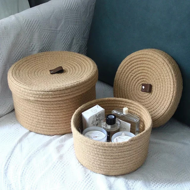 Vintage Desktop-Aufbewahrungskorb aus Rattan und Bambus mit Deckel, beige, Durchmesser: 22,0 cm - Bild 1