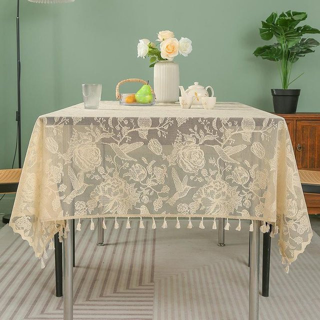 Beige Tischdecke mit Vogelmuster und Quaste von JMG Household Supplies, quadratisch, B/T: 60 x 60 cm - Bild 1