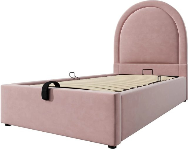 KOMHTOM Polsterbett Kinderbett Einzelbett aus Samt in Rosa mit Lift-up-Funktion, B/T/H: 90 x 190 cm - Bild 1