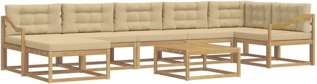 vidaXL Outdoor-Sofagarnitur aus Akazienholz mit 8 Teilen in Weiß und Beige, L-Form Gartenmöbel-Set mit 3-Sitzer-Sofa, Ottomane, Couchtisch und Polsterkissen - Bild 1