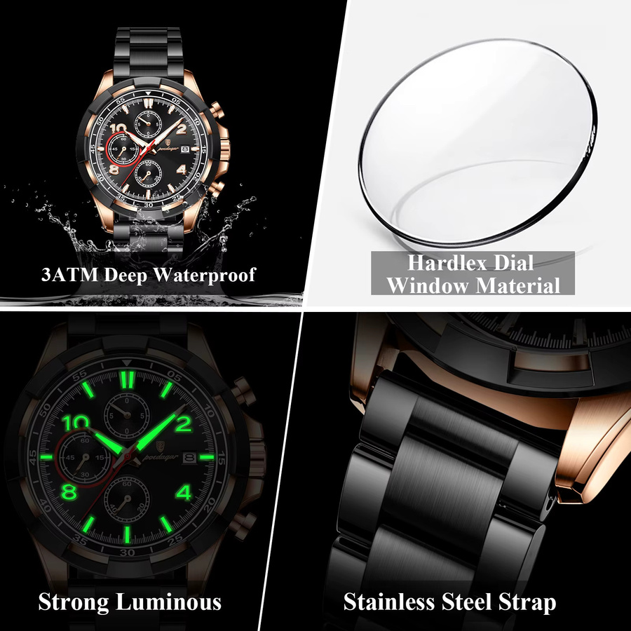 POEDAGAR Armbanduhr Chronograph, Quarz, Edelstahl, Schwarz, Herren - Bild 4