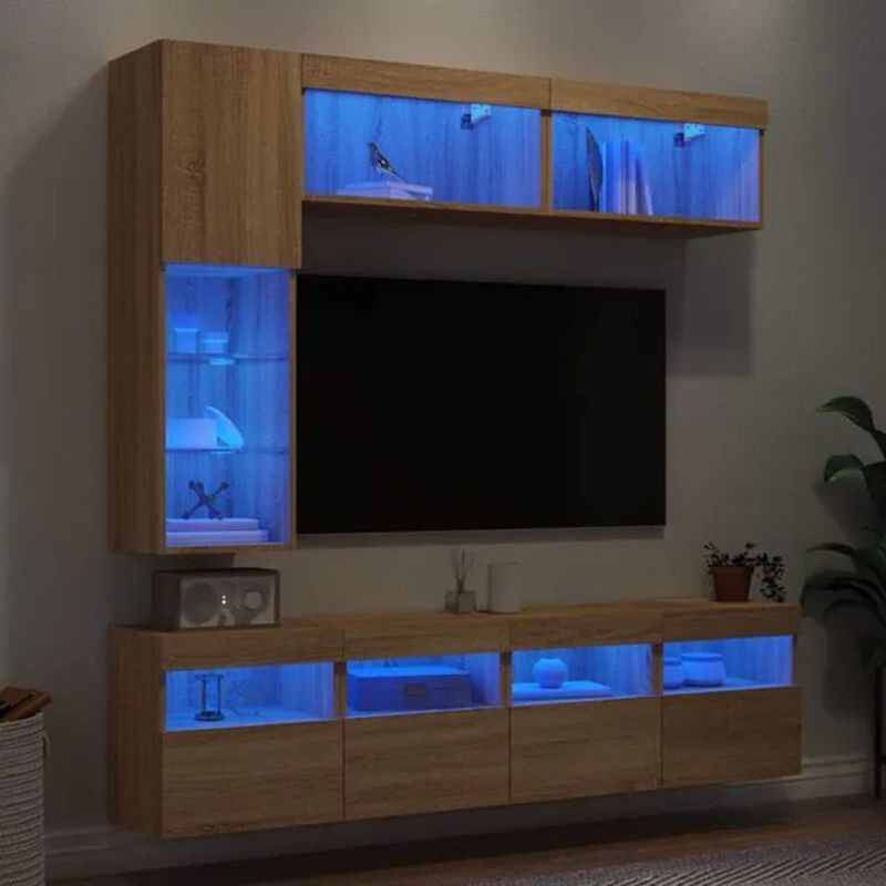 Vidaxl 7-teilige moderne TV-Wohnwand mit LED-Leuchten in Sonoma-Eiche und Braun aus Holzwerkstoff und Glas - Bild 1