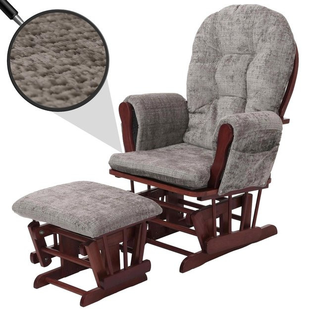 MCW Relaxsessel C76 Schaukelstuhl mit Hocker aus Chenille Stoff in Hellgrau und dunklem Birkenholz-Gestell - Bild 1