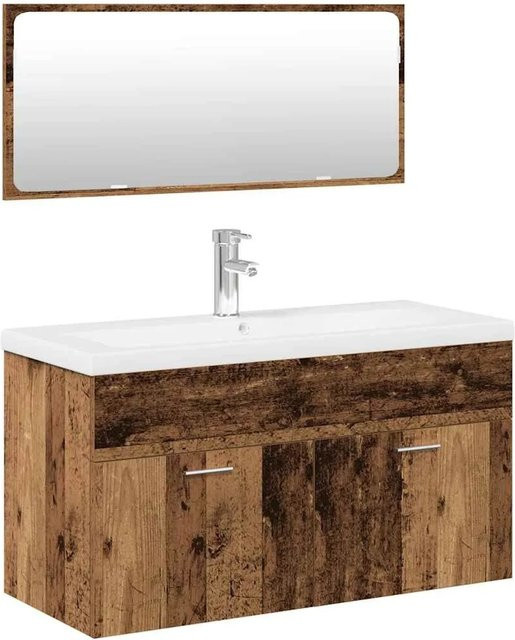 vidaXL 3-teiliges Badmöbel-Set in Altholz-Optik mit Waschtischunterschrank, Spiegelschrank und Wandunterschrank, Braun und Weiß - Bild 1