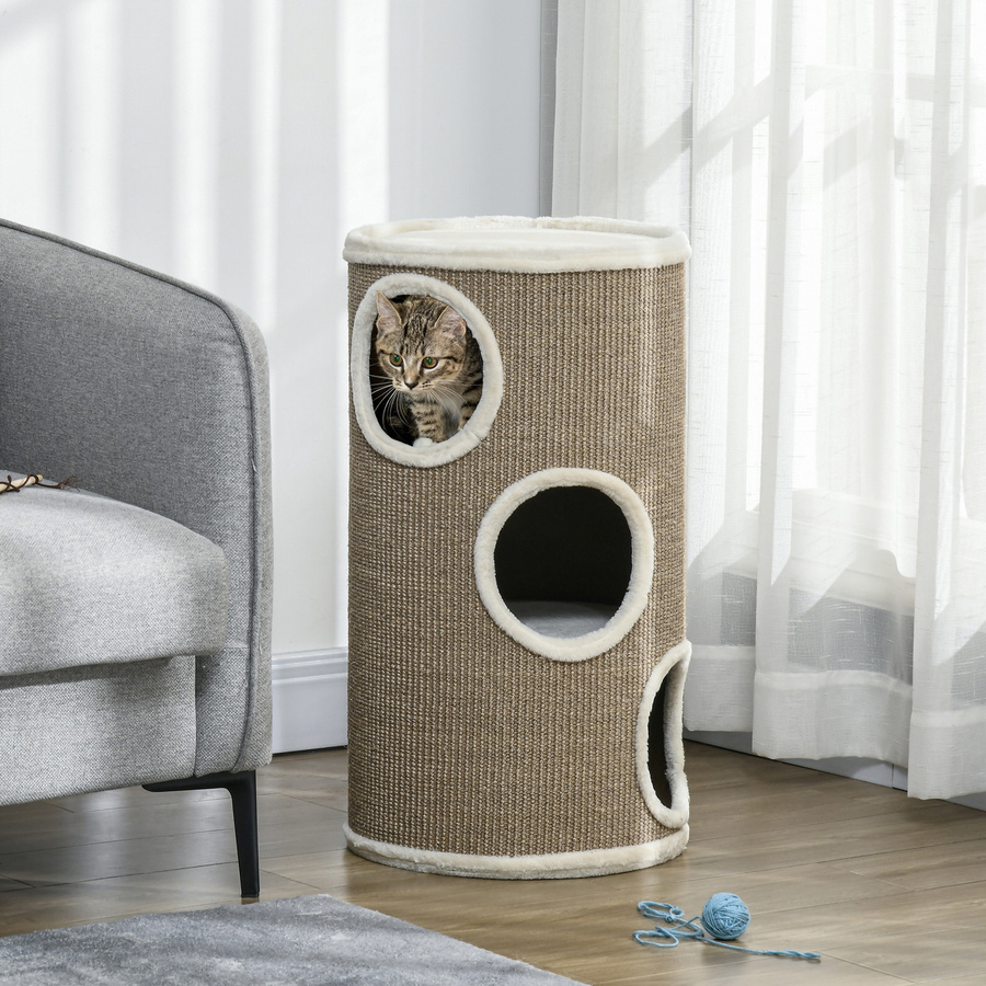 PawHut Kratztonne für Katzen mit 3 Ebenen und Höhlen, Katzenkratzbaum aus Sisal und Plüsch in Braun und Beige, Höhe: 70 cm - Bild 2