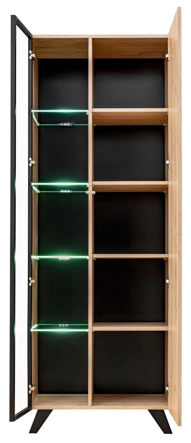 Wohnwand Lines in Eiche und Schwarz mit Kamin, Vitrine und LED-Beleuchtung, Breite: 340 cm - Bild 2
