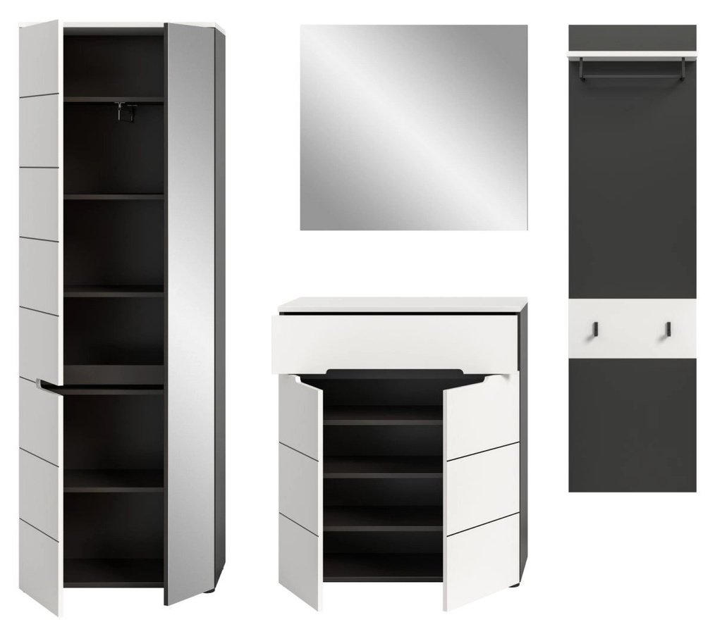 Inn.Furn Garderoben-Set Cooper 4-teilig in Weiß und Grau mit Schuhschrank, Spiegel und Paneel, Breite: 220 cm - Bild 4