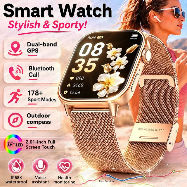GUHUAVMI Smartwatch für Damen mit GPS, Bluetooth-Anruf, Musik und Schlafüberwachung in Schwarz und Roségold mit Edelstahl- und Silikonarmband - Bild 1
