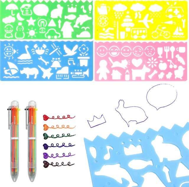ZYF Multifunktions-Zeichnungslineal mit Tier- und Verkehrsmotiven, geometrische Malvorlage inklusive 6-Farben-Stift, Mehrfarbig - Bild 1