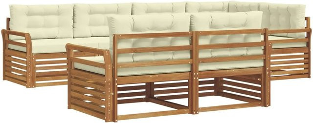 vidaXL Outdoor-Sofagarnitur L-Form aus Akazienholz mit Kissen, 7-teilig, Natur und Creme - Bild 1