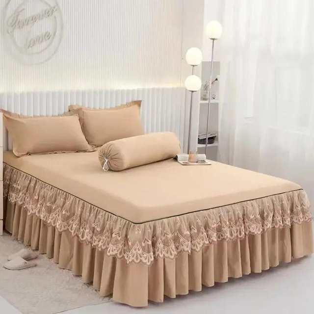 Elastisches Spannbettlaken mit Spitzensaum und 2 Kissenbezügen in Beige, King Size Bettwäscheset aus Baumwollmischung - Bild 1