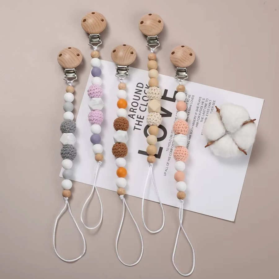 Schnuller Kette für Babys aus Holz und Filz mit Silikonperlen in Grau und Multicolour - Bild 2
